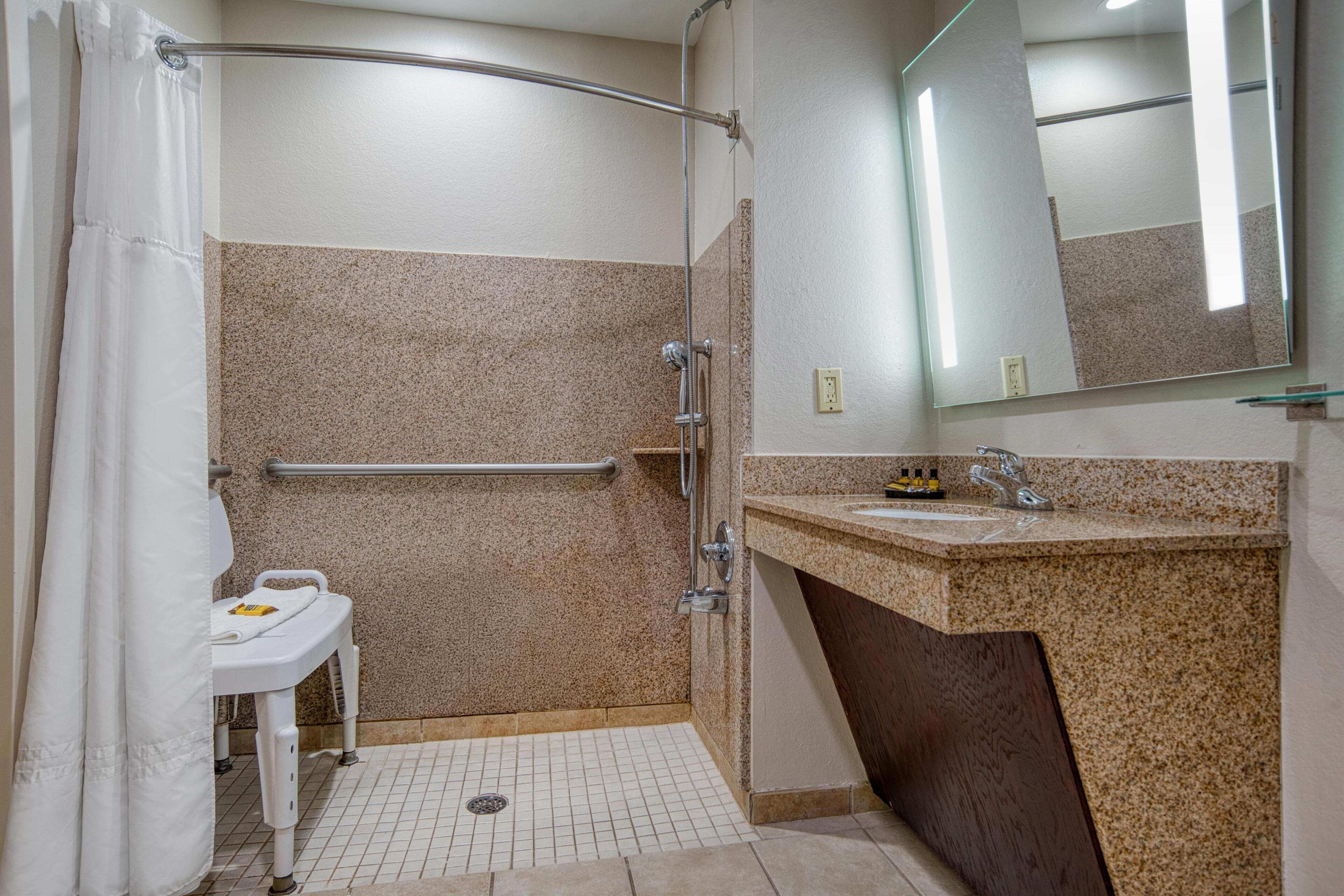 standard room, 2 queen beds, accessible, non smoking | bathroom | combined shower/bathtub, hair dryer, towels