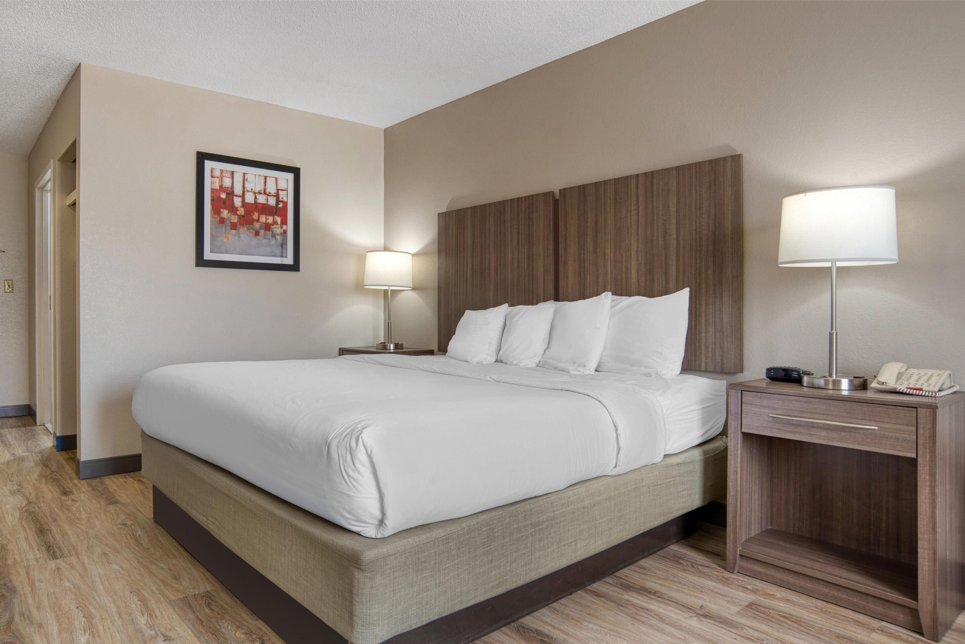 A hotel room with a large bed, two bedside tables with lamps, a wooden headboard, and a framed picture on the wall.