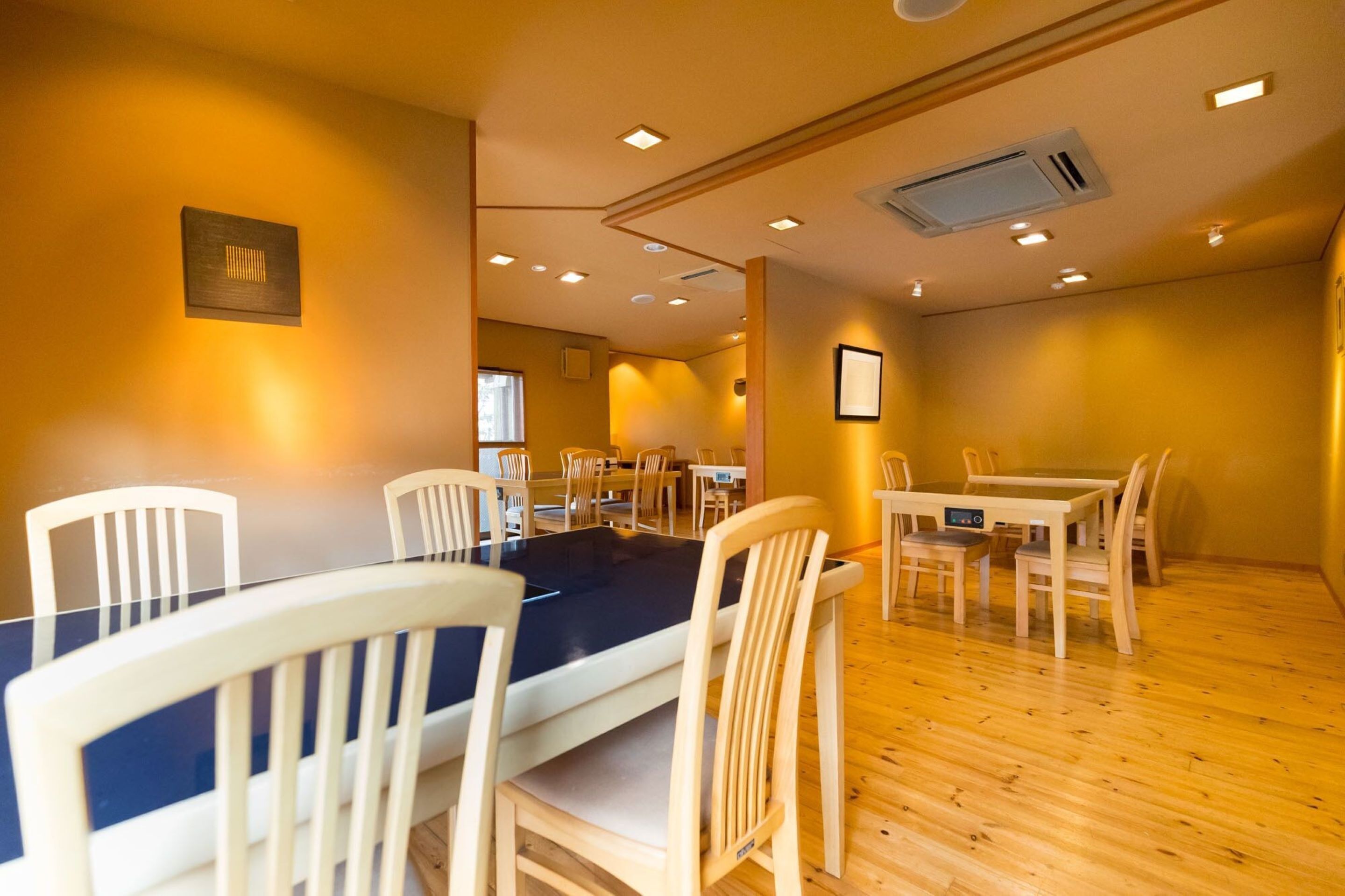 A dining area with wooden tables and chairs, recessed ceiling lights, and a visible air conditioning unit.