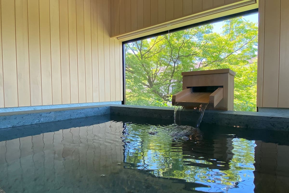 Une piscine intérieure moderne, dotée d’une eau claire, de murs en bois et offrant une vue sur les arbres à l’extérieur.