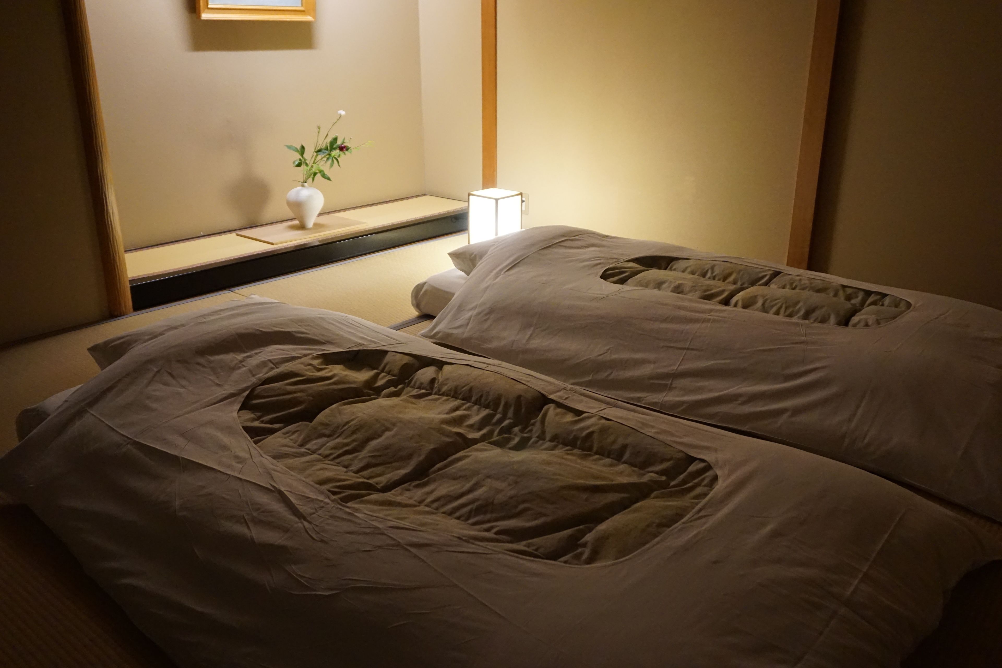 A hotel room with two beds, a bedside table, a small plant, and a nightstand with a lamp.