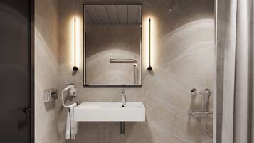 Klassieke kamer, 1 kingsize bed | Badkamer | Een haardroger, handdoeken, zeep, shampoo