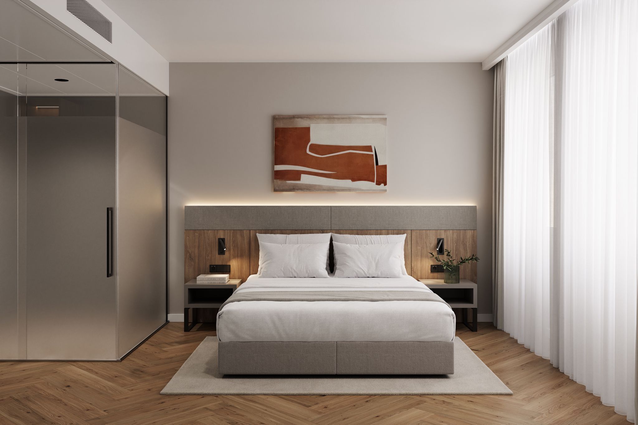 Bar mini, meja, ruang kerja komputer riba, langsir/tirai gelap terus 