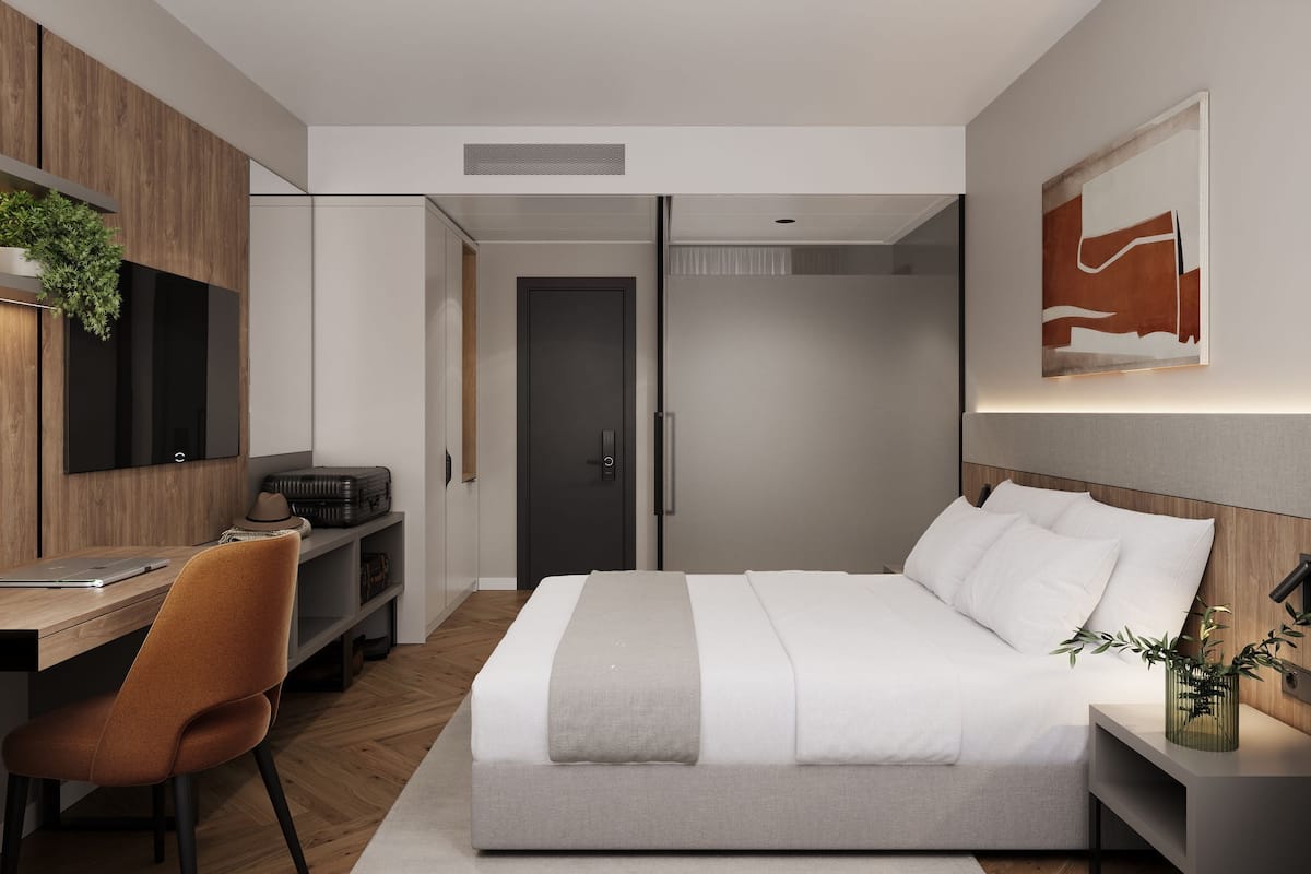 Minibar, desk, laptop workspace, blackout curtains