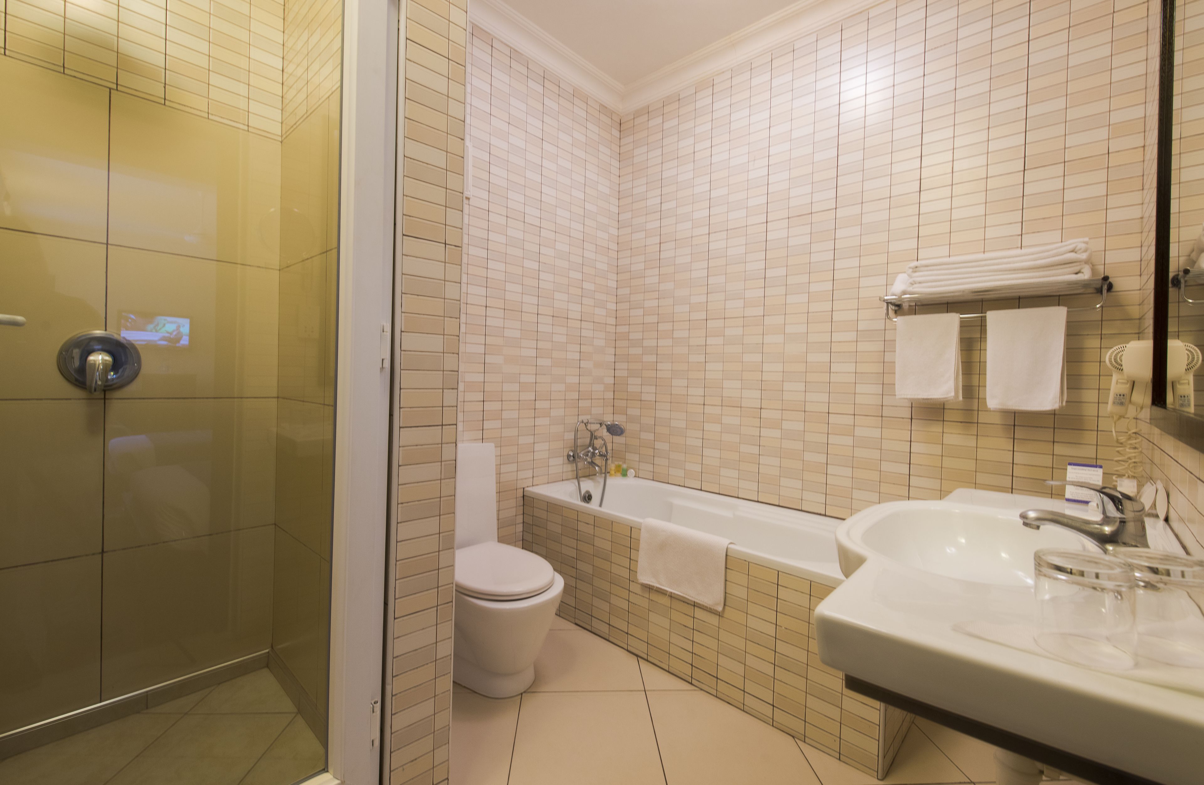 shower, free toiletries, hair dryer, towels