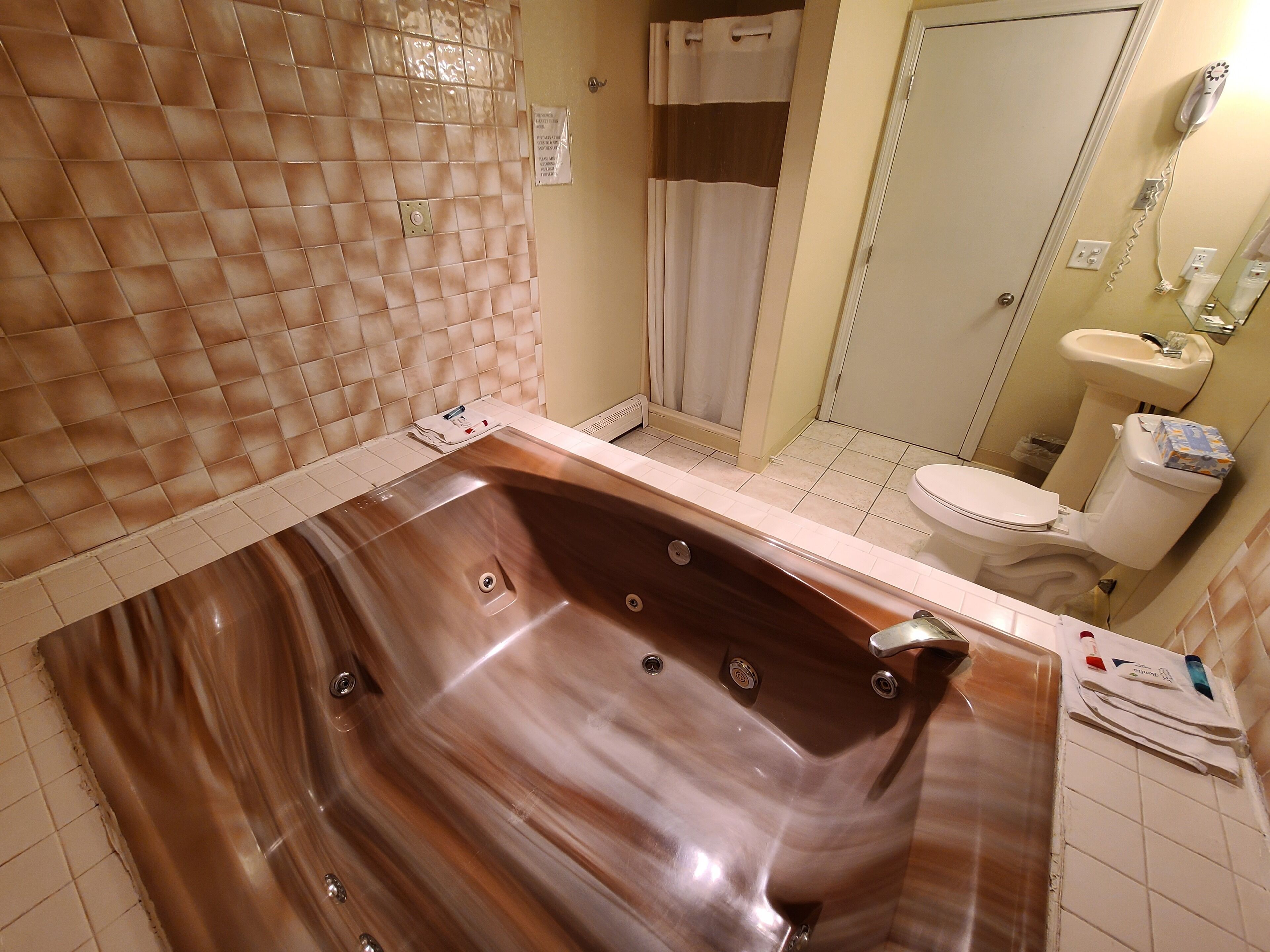 A bathroom with a large, freestanding bathtub, a shower area, and a toilet.