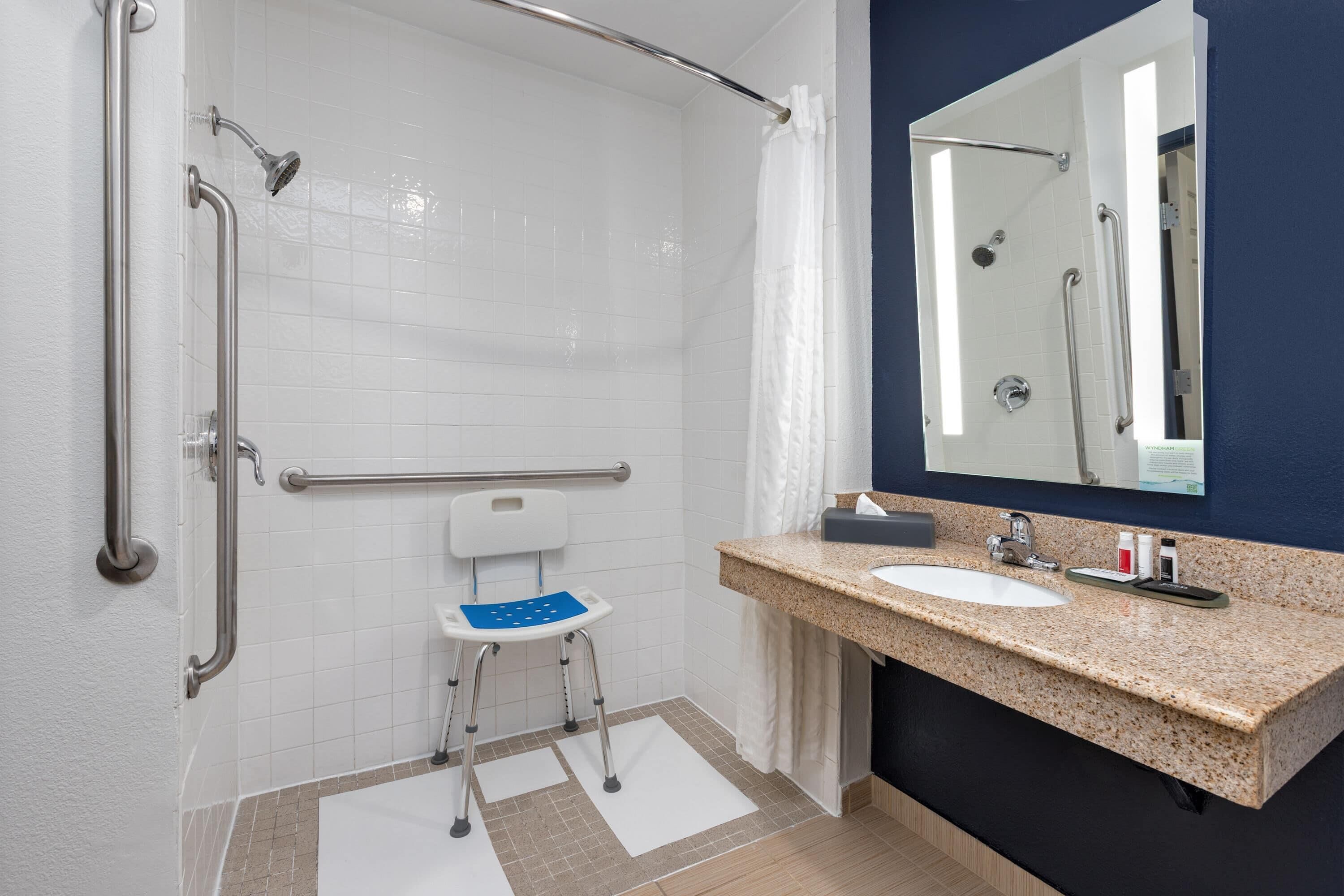 A bathroom with a wheelchair-accessible shower, a sink, and a mirror.