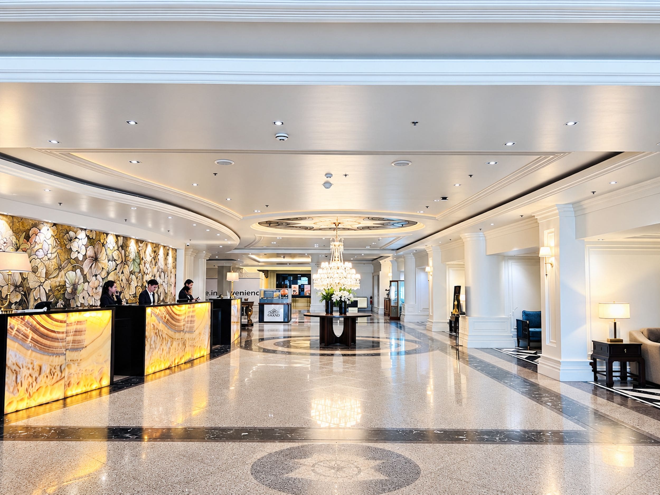 A hotel lobby with a reception desk, a chandelier, and a polished floor.