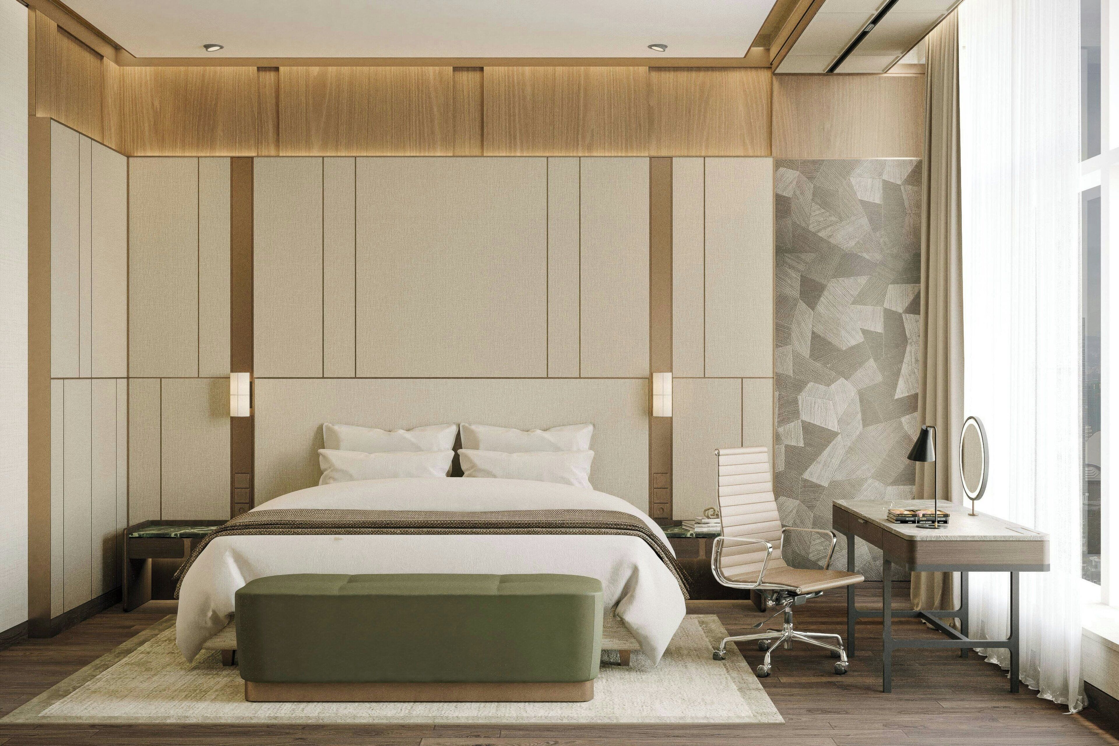 أغطية فراش متميزة وميني بار وخزنة داخل الغرفة ومكتب