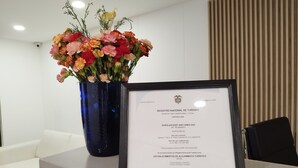 Un documento enmarcado sobre un escritorio, junto a un florero.