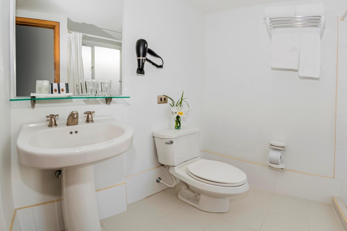 A bathroom with a white sink, a toilet, a hairdryer mounted on the wall, and a glass shelf above the sink.