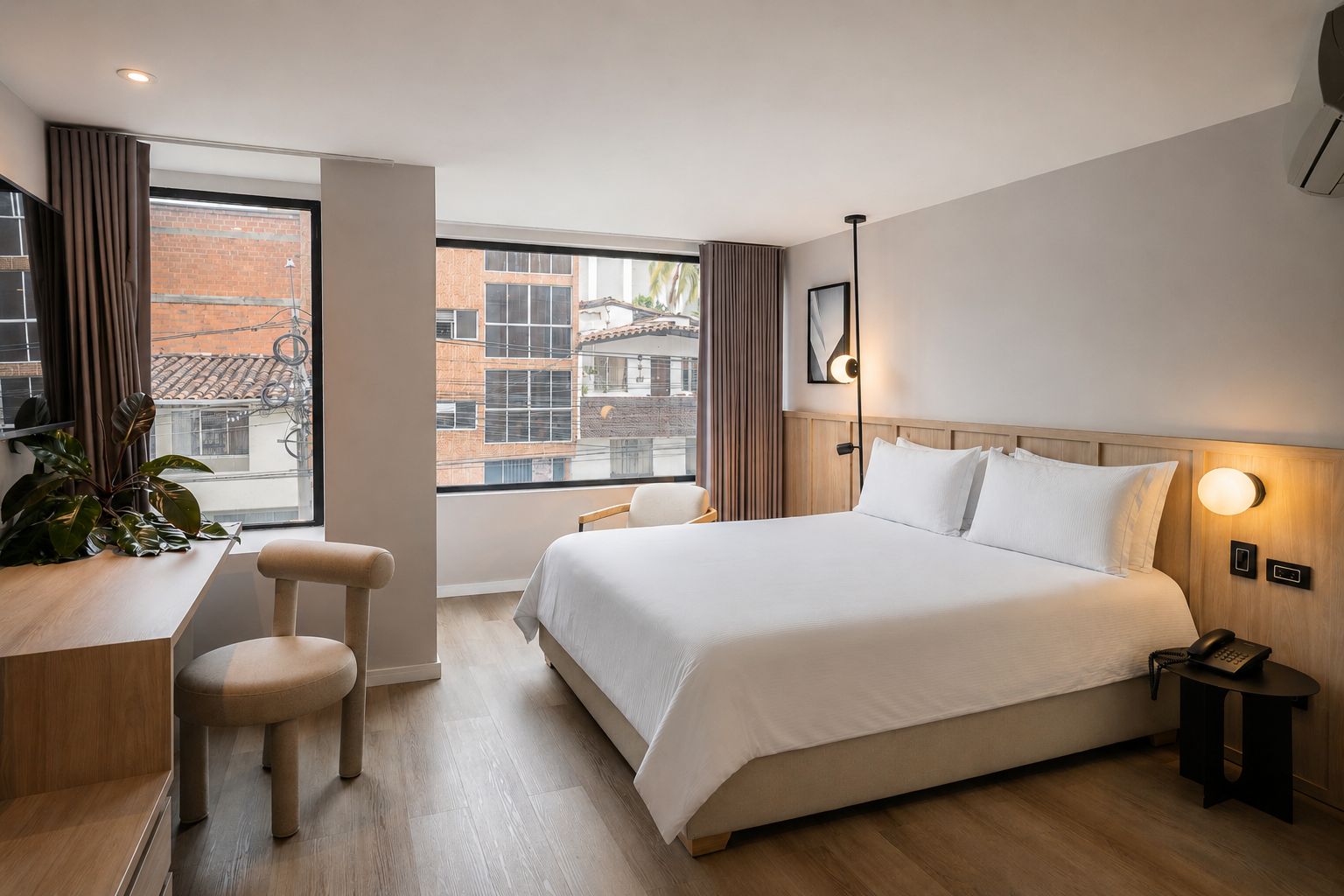 Habitación de hotel con una cama grande, un escritorio, una silla, una mesita de noche y vistas a edificios a través del ventanal.