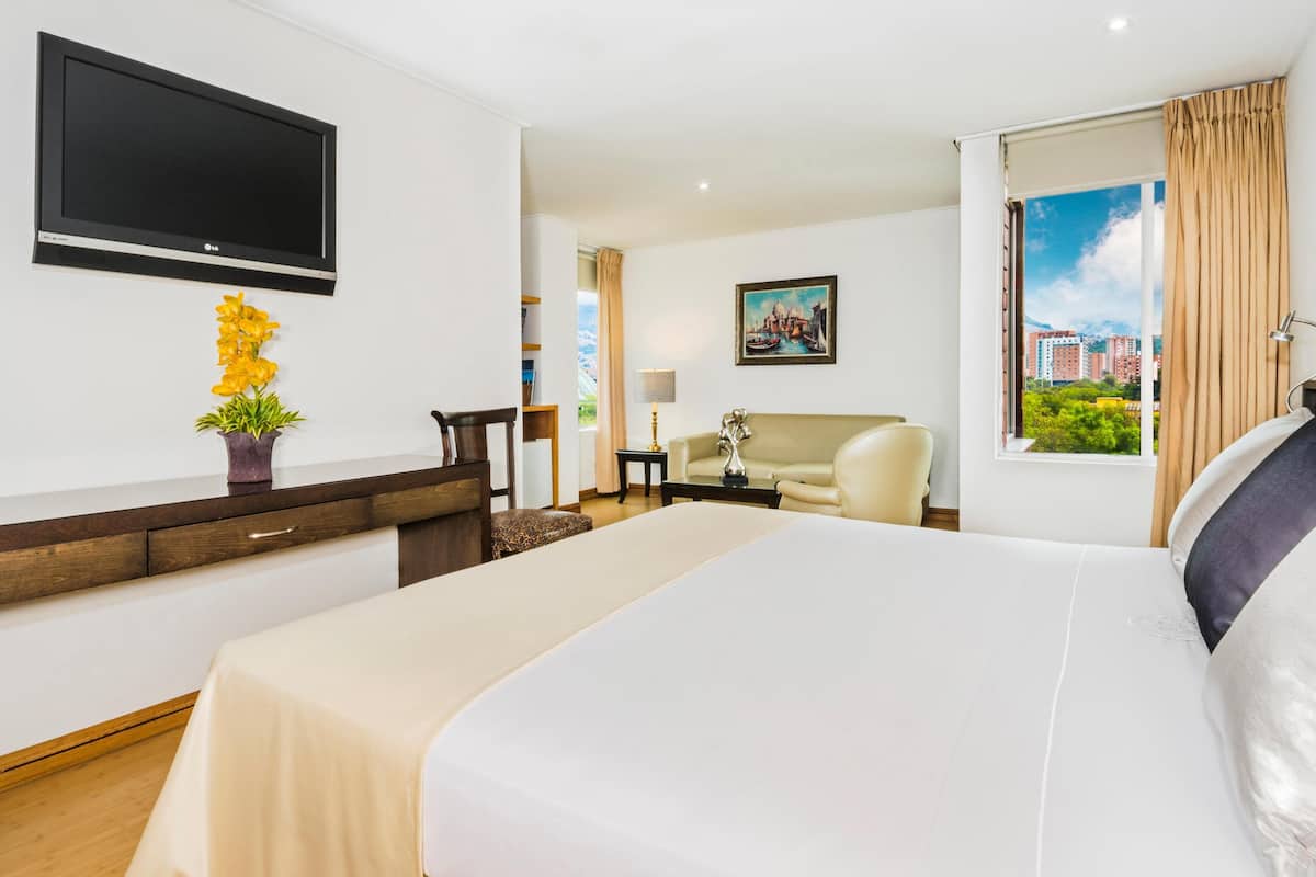 Habitación de hotel con cama, televisor, sofá, escritorio y ventana con vista a la ciudad.