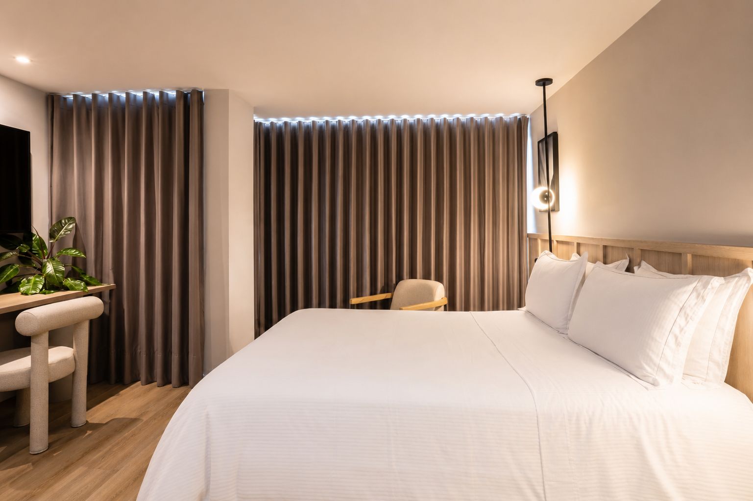 Una habitación de hotel con cama, escritorio, silla y planta.