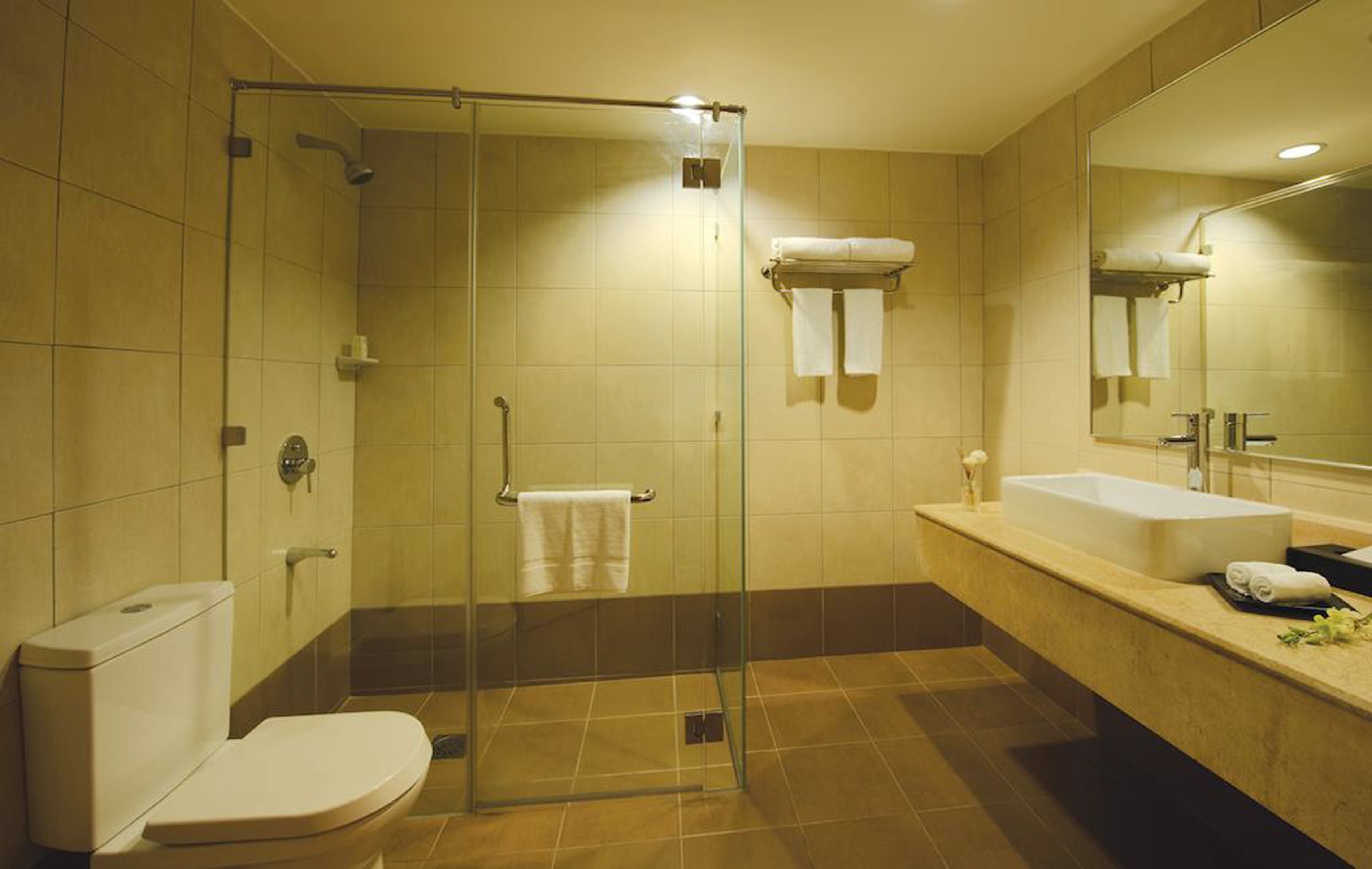 Un baño moderno con ducha envuelta en vidrio, inodoro blanco, lavamanos grande y espejo.