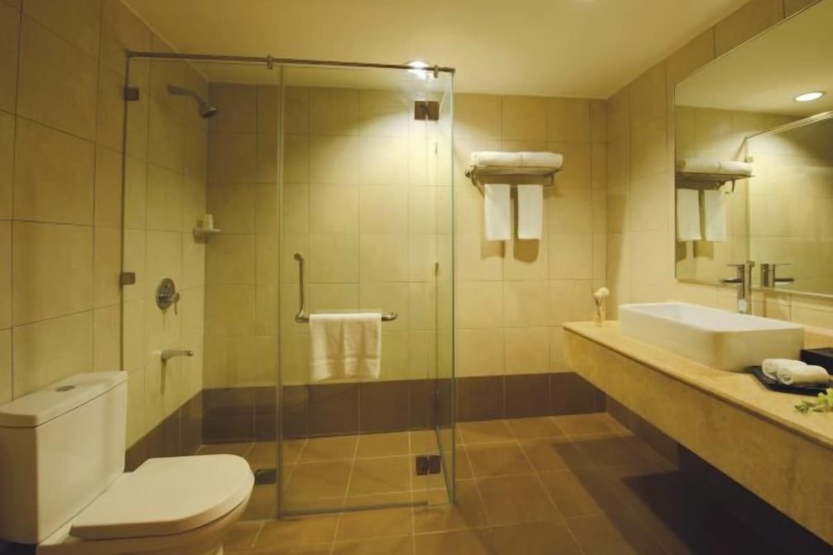 A modern bathroom with a glass-enclosed shower, a white sink, and a toilet.