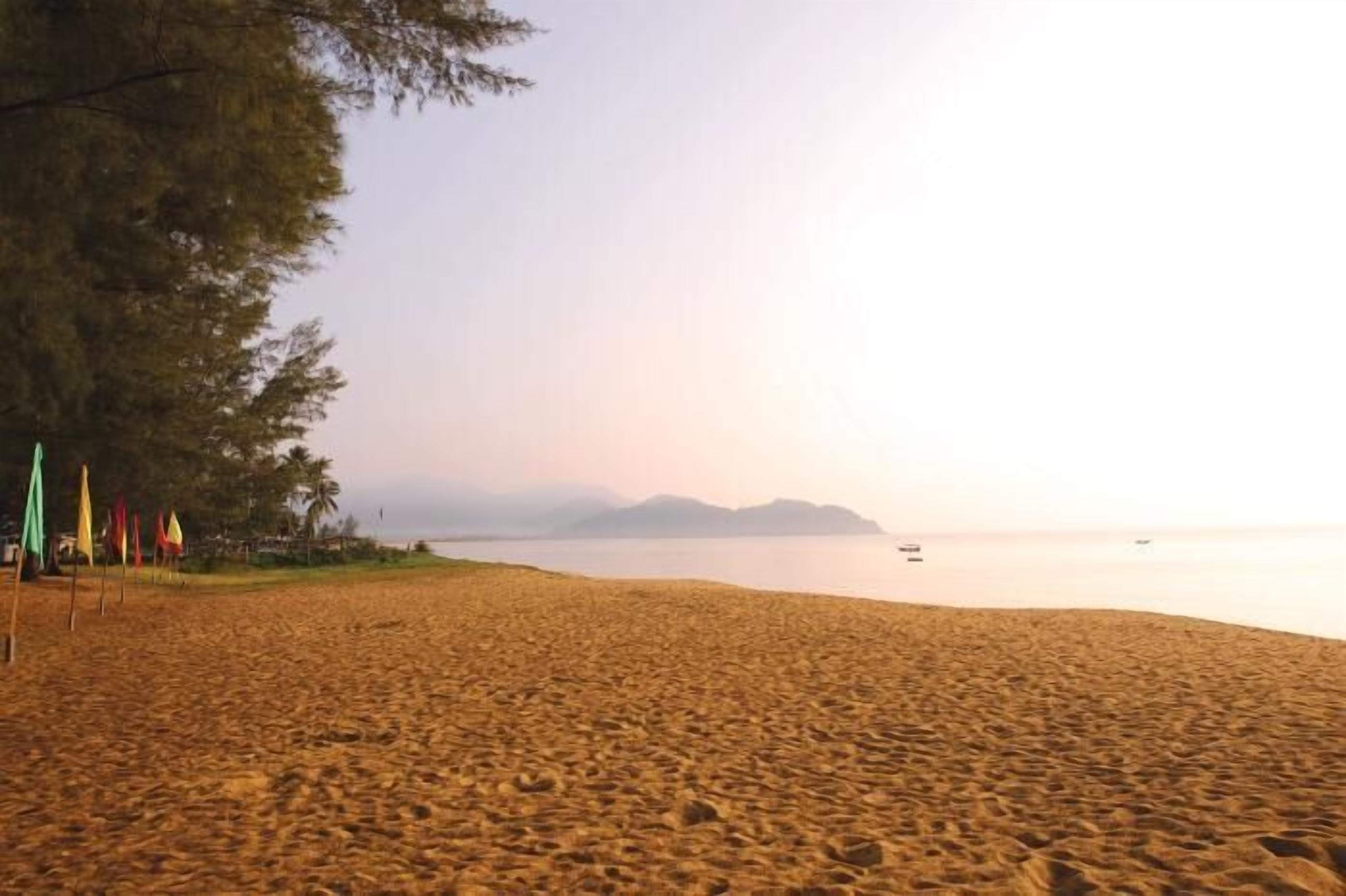 Une plage offrant une vue dégagée sur la mer et les montagnes lointaines.