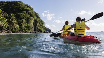 Two people kayaking on a calm sea with a forested island in the background.