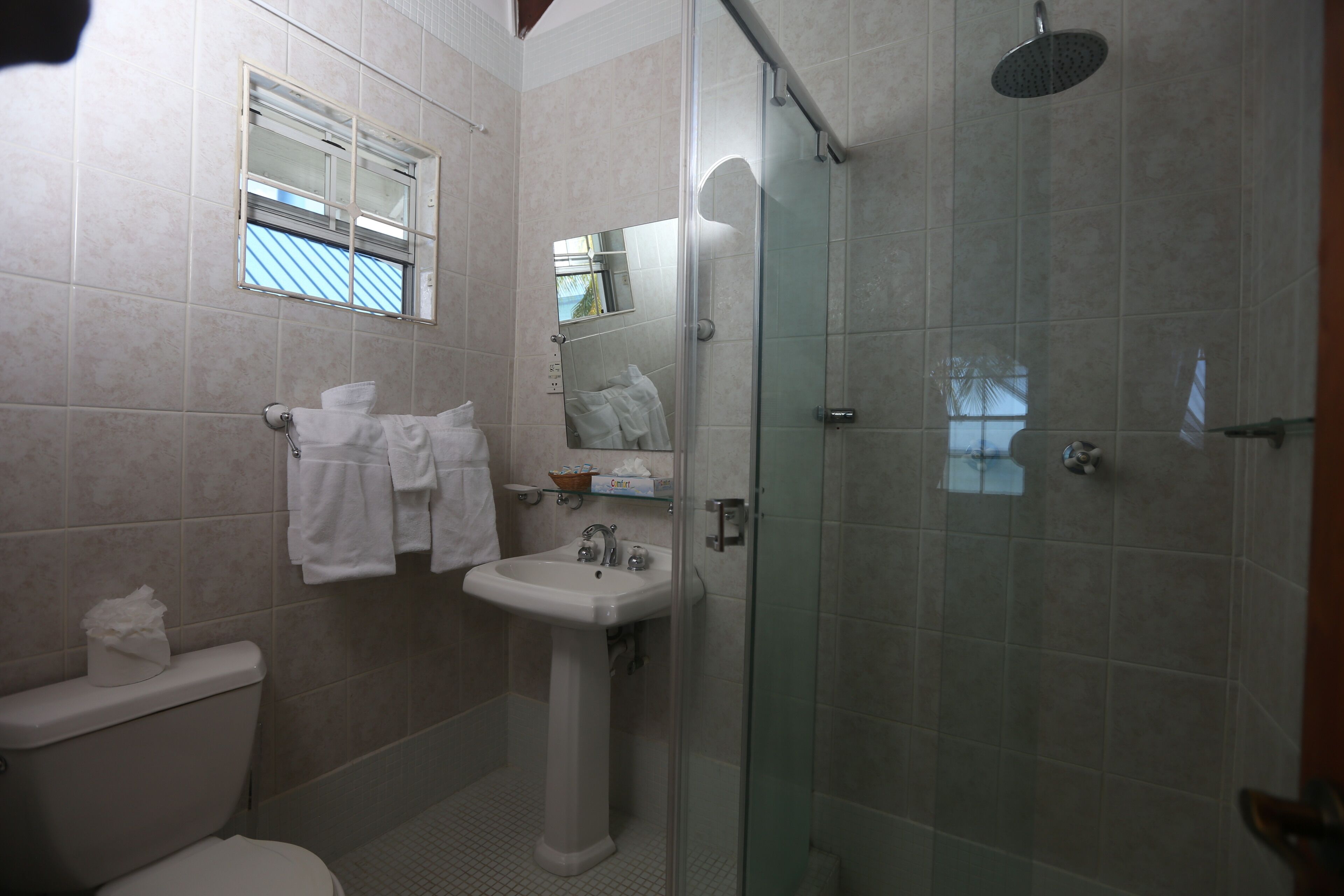 Un baño con inodoro, lavamanos y ducha con mampara de vidrio.