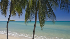 Una playa con aguas turquesas cristalinas, palmeras y una isla distante.