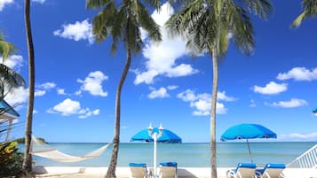 On the beach, sun-loungers, beach umbrellas, beach towels