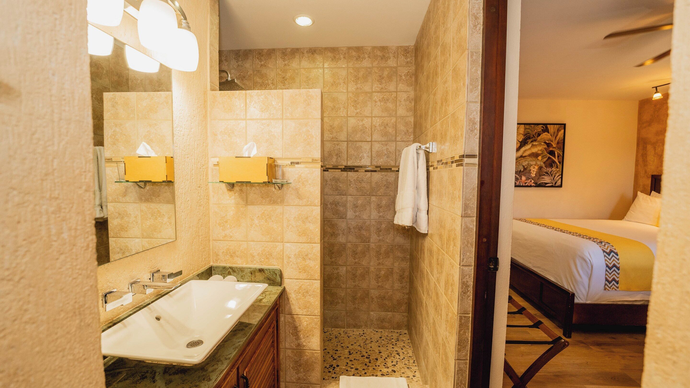 shower, rainfall showerhead, designer toiletries, hair dryer