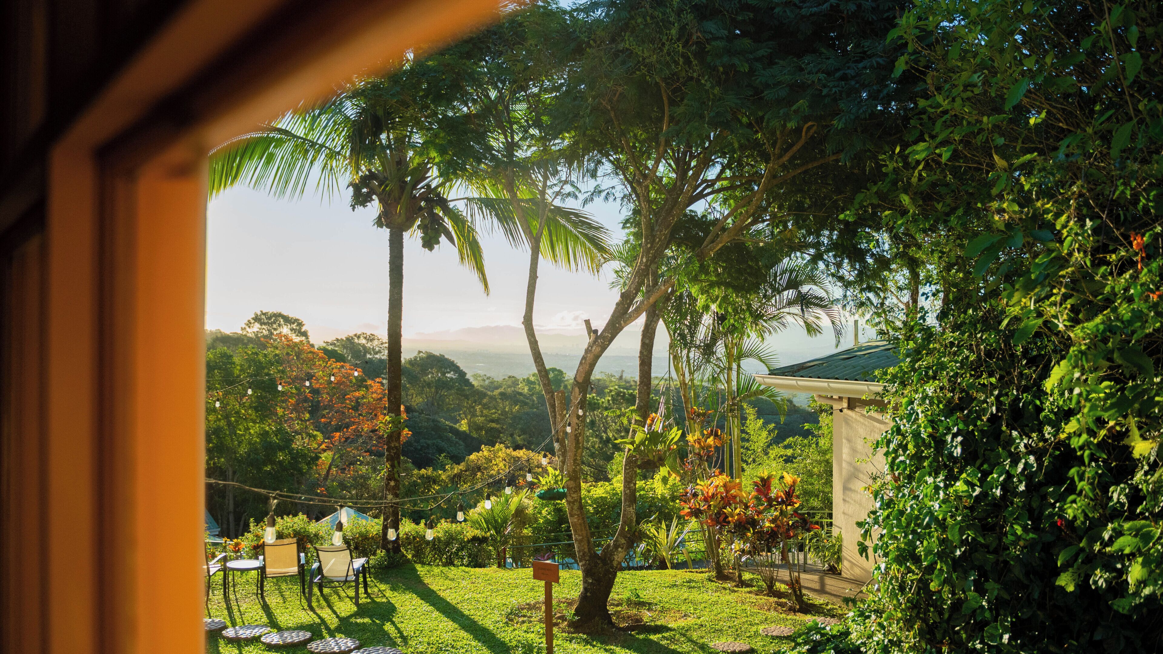 A view of a lush garden with a variety of trees and a seating area with tables and chairs.