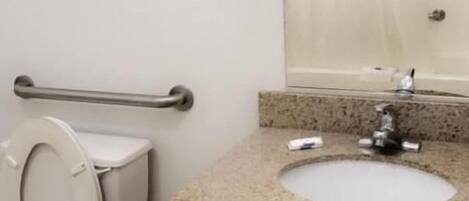 A bathroom with a toilet, sink, and handrail.