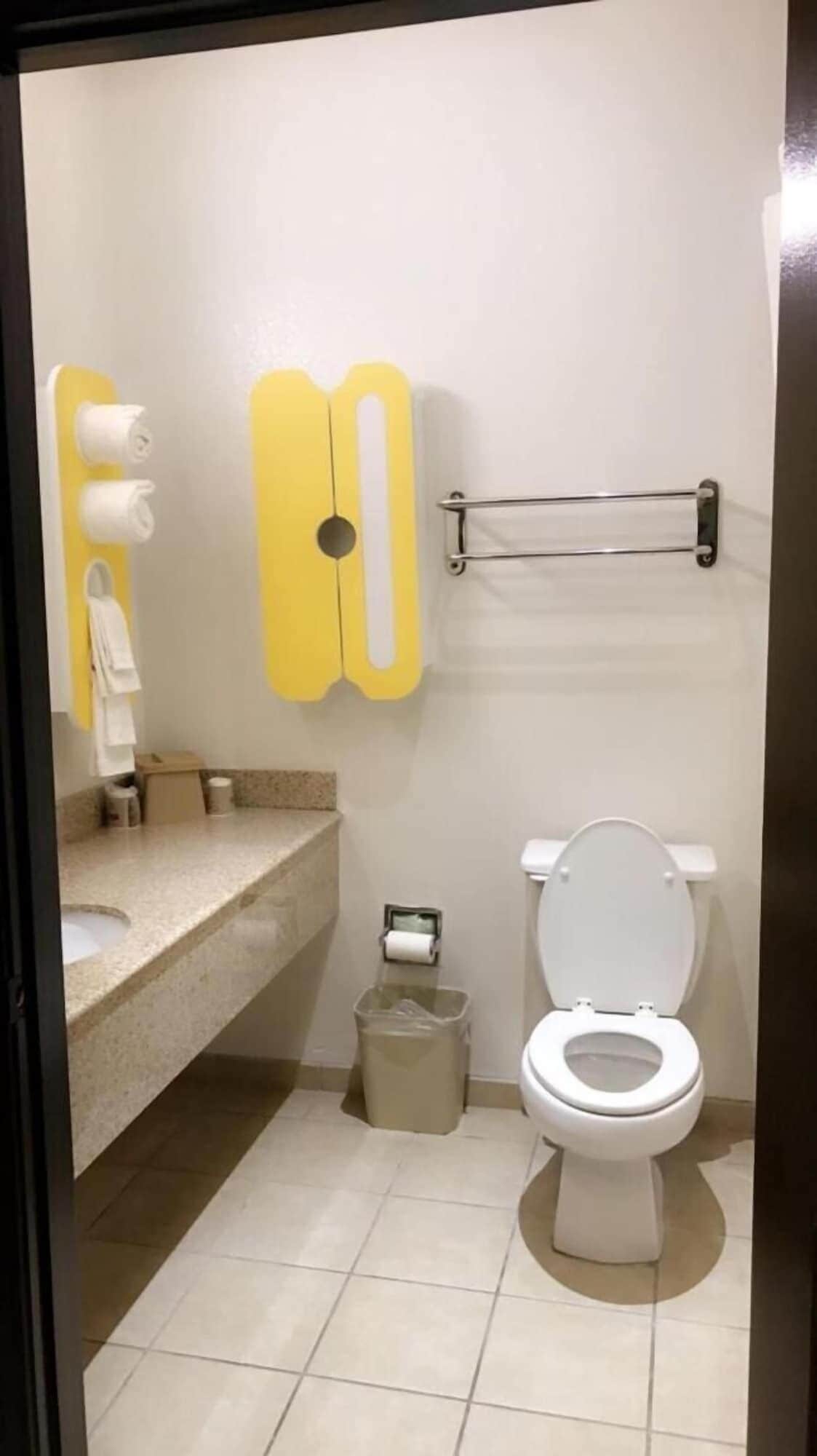 A bathroom with a toilet, a sink, a towel rack, and a trash bin.