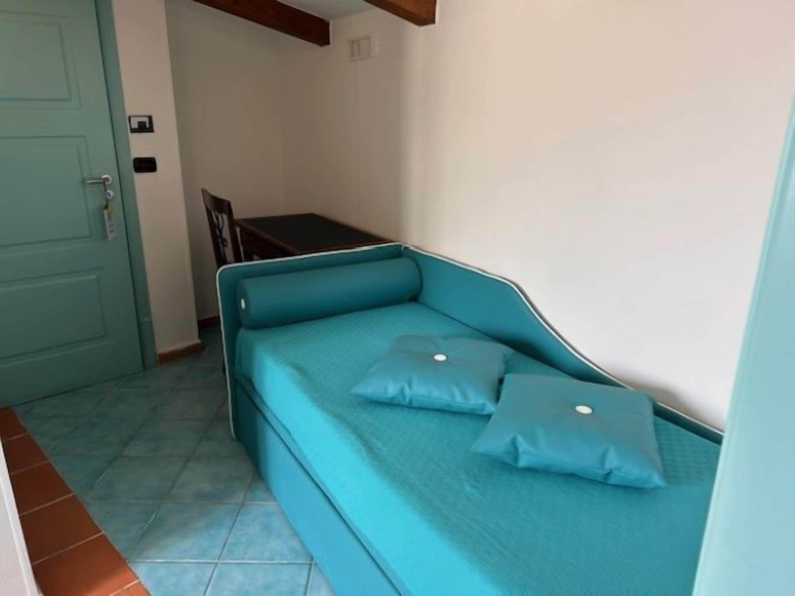 A small, single-bed room with teal bedding and pillows, a wooden door, and a small table with a chair.