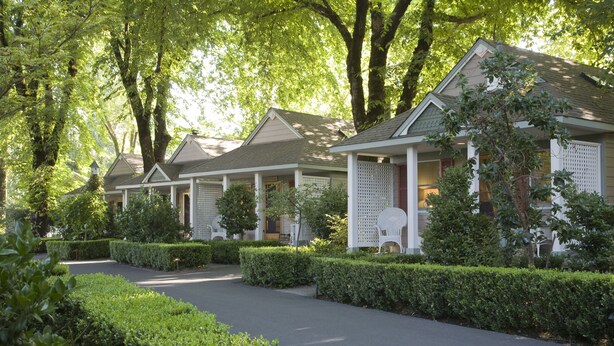 A row of small, single-story cottages with white exteriors and green roofs, surrounded by well-maintained hedges and trees. - Cottage Grove Inn (Calistoga)