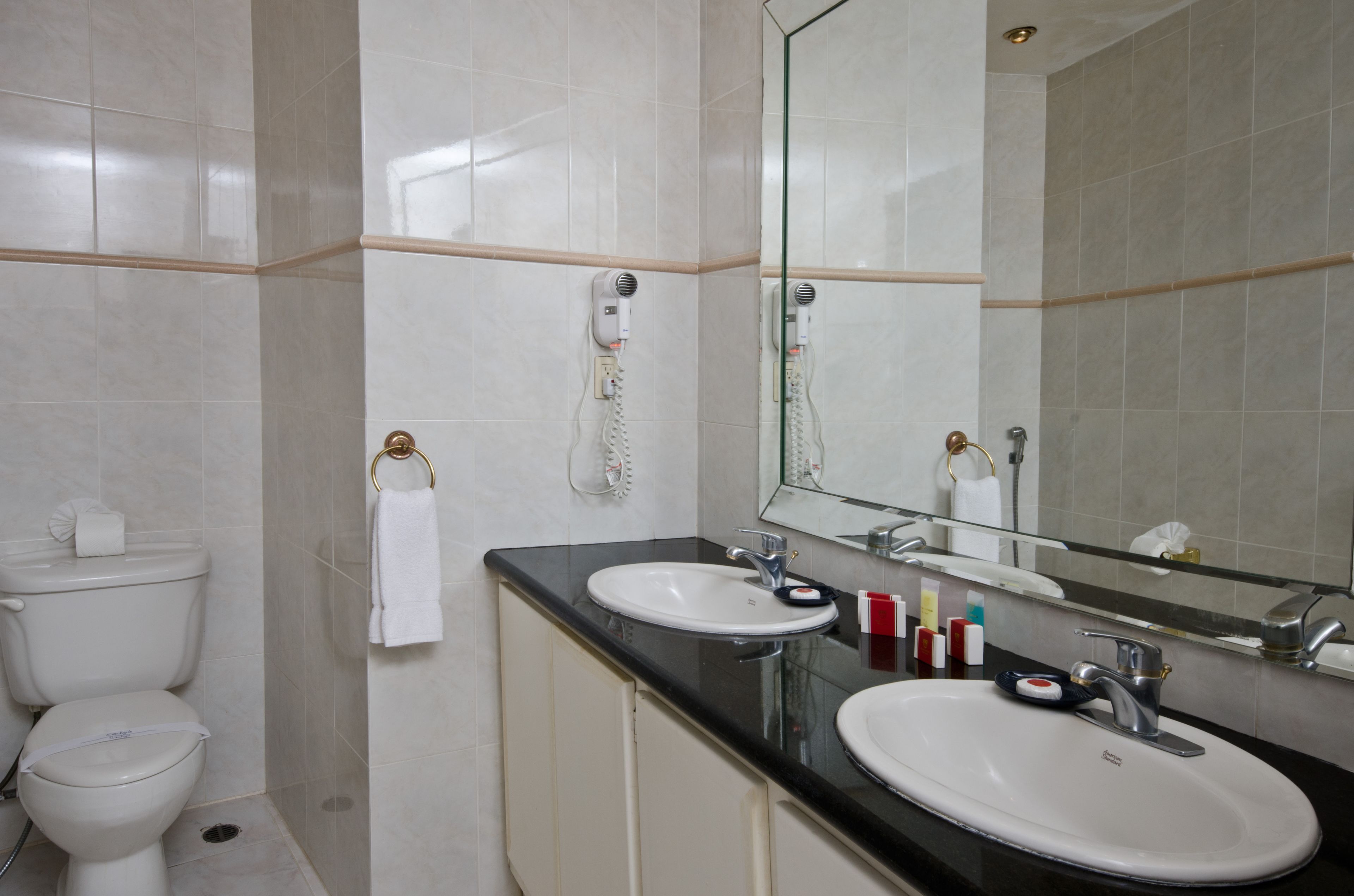 designer toiletries, hair dryer, towels