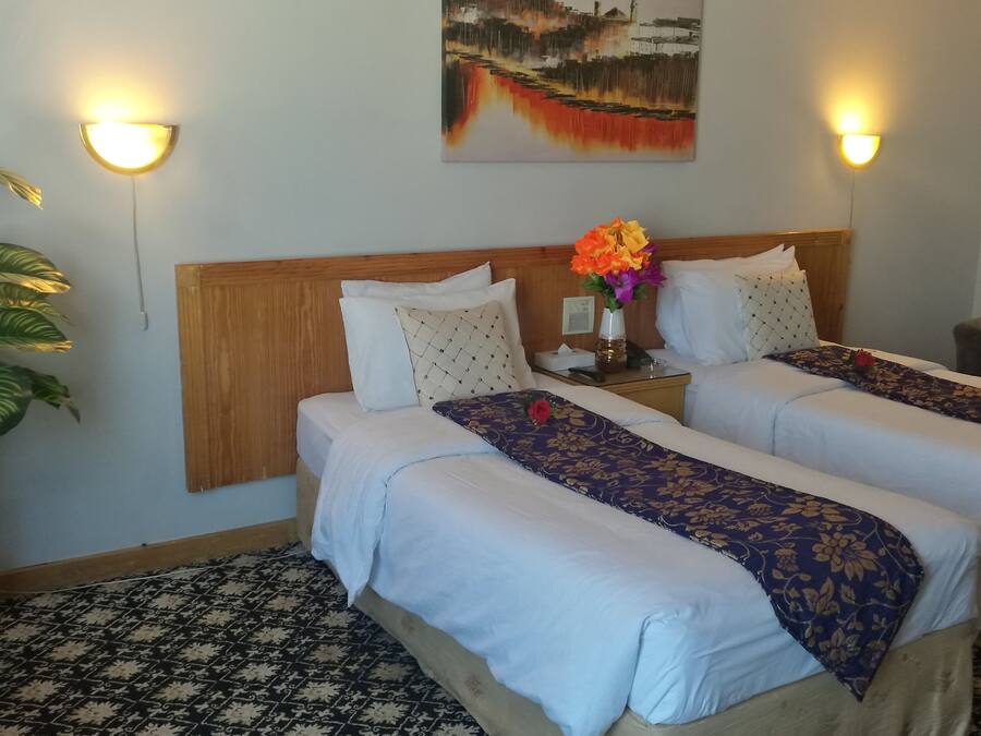 Habitación de hotel con dos camas, una planta grande en maceta, un cuadro en la pared y dos lámparas de pared.