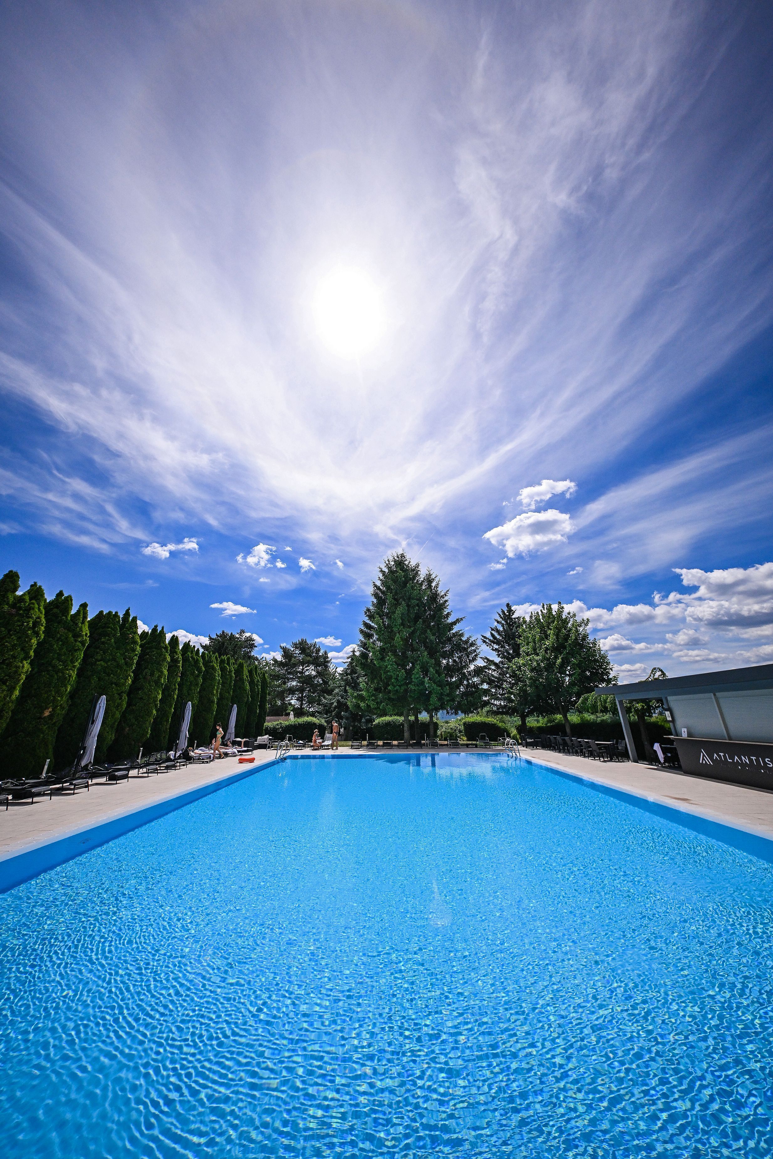 Ein Schwimmbecken mit Liegestühlen und Sonnenschirmen, umgeben von Bäumen und wolkenlosem Himmel.