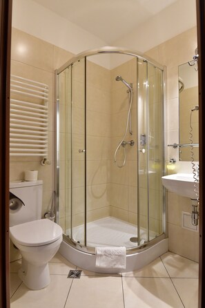 A modern bathroom with a glass-enclosed shower, a toilet, and a sink with a mirror. - Downtown Kraków (Kraków)