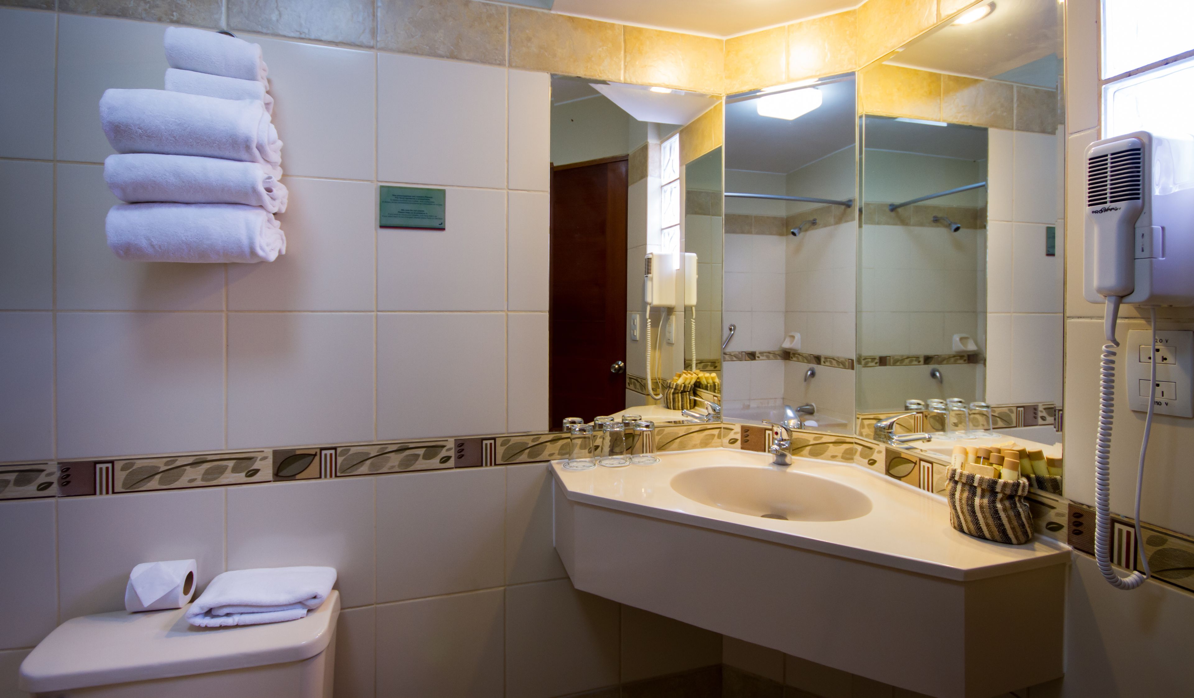 shower, rainfall showerhead, hair dryer, towels