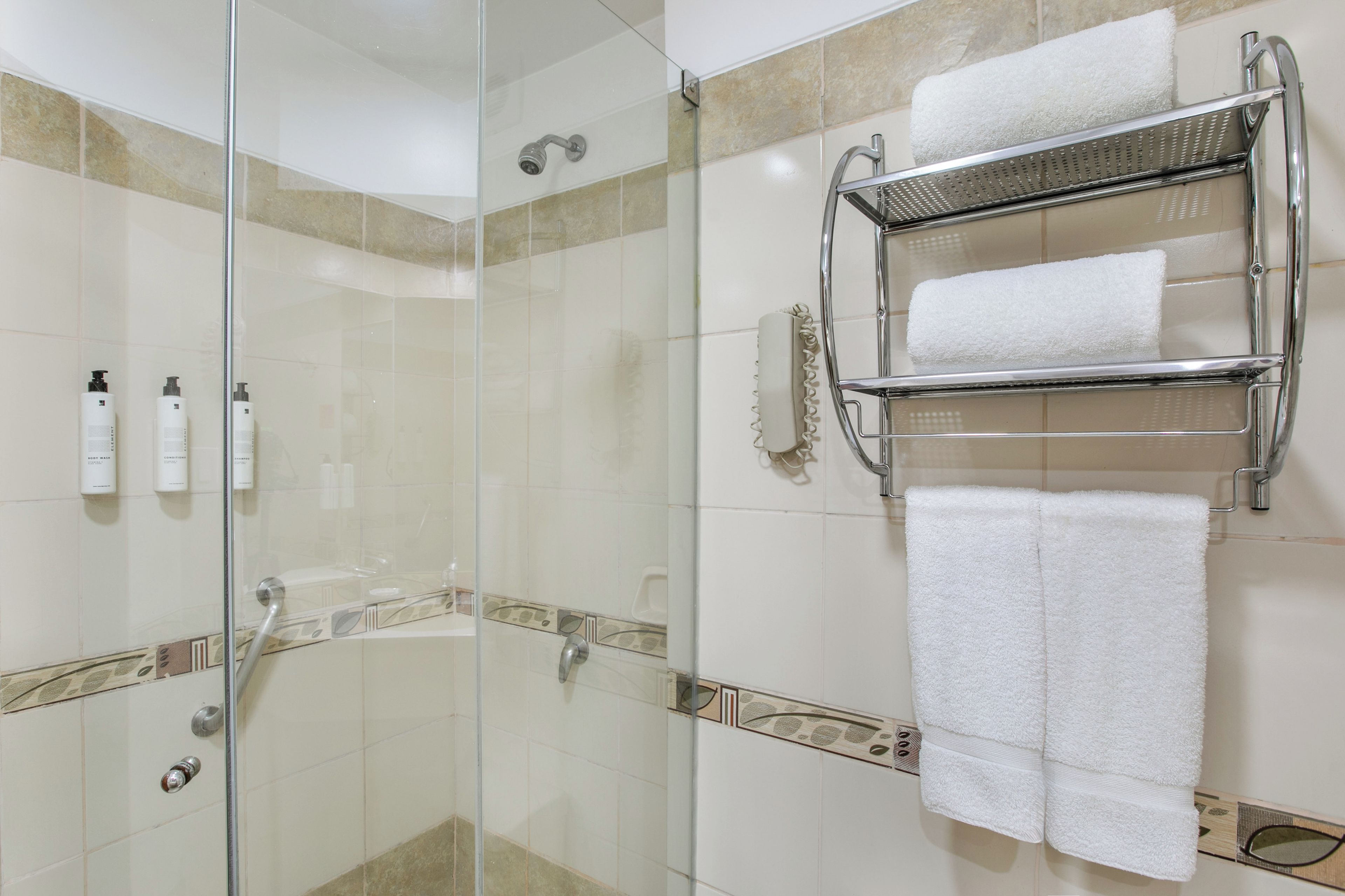 A glass-enclosed shower with a chrome towel rack holding two towels, and a wall-mounted soap dispenser.