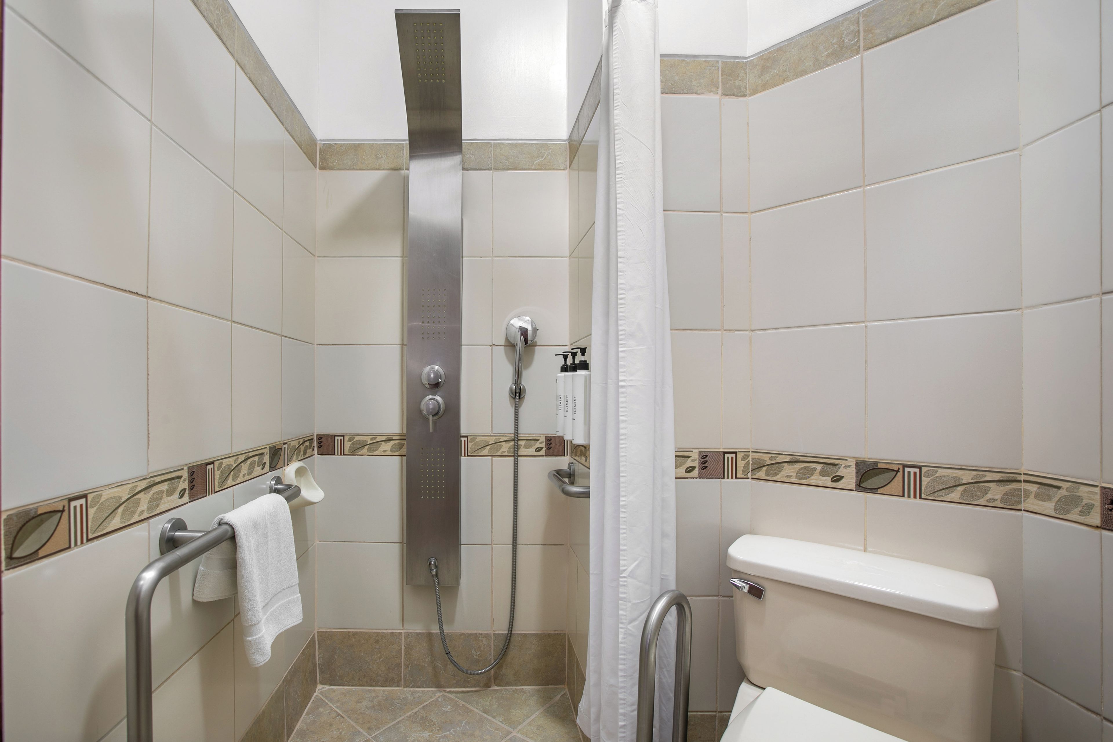 A bathroom with a shower, toilet, and towel rack.