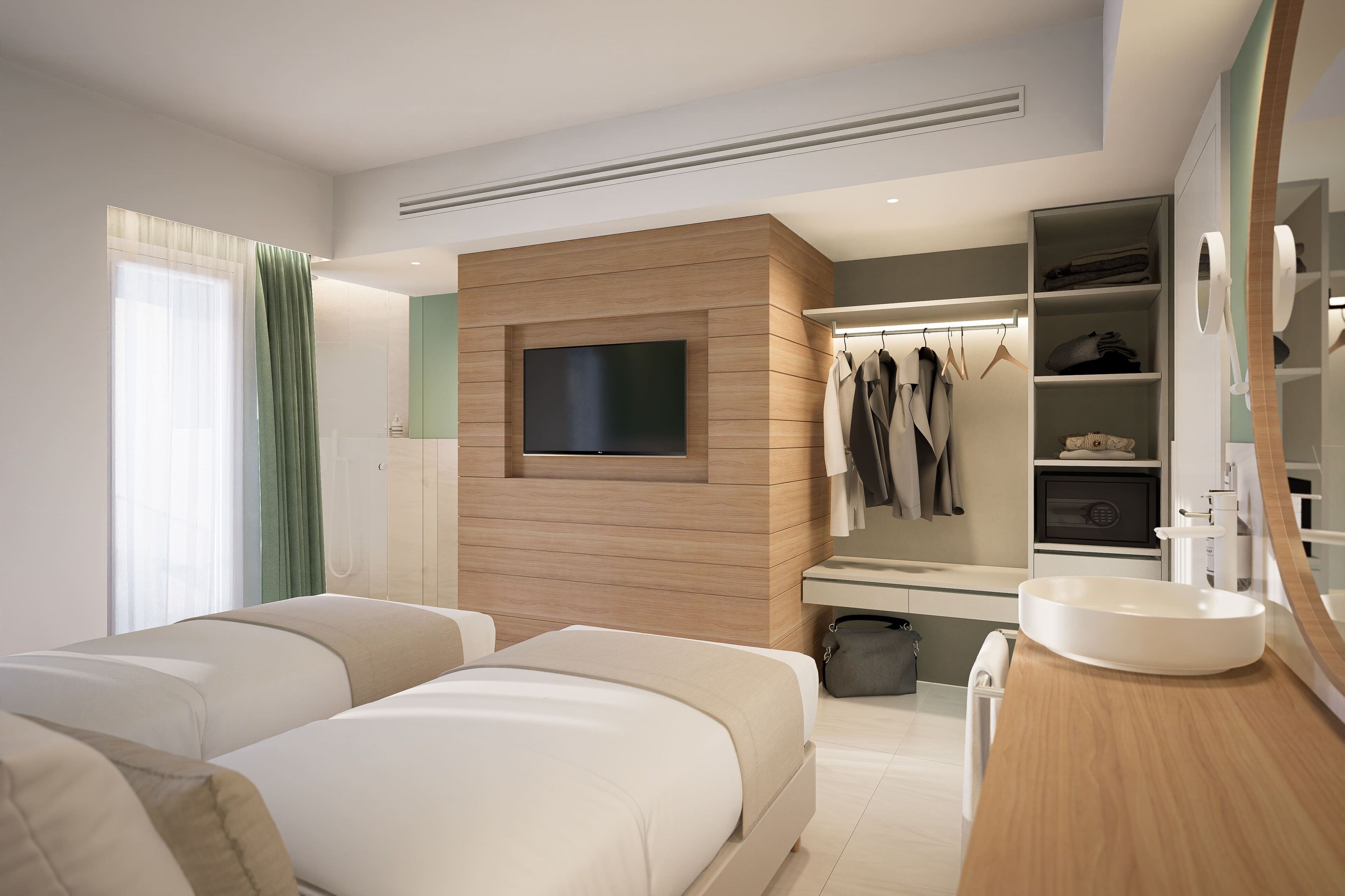 Una habitación de hotel moderna con una cama grande, un televisor montado en una pared de paneles de madera, un tocador con espejo y un vestidor con estantes y ropa colgada.