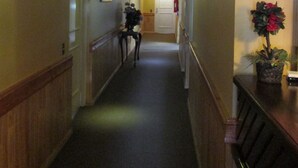 A narrow hallway with wooden paneling on the walls, a carpeted floor, and a door at the end. - Apart Hotel Colon (Puerto Montt)