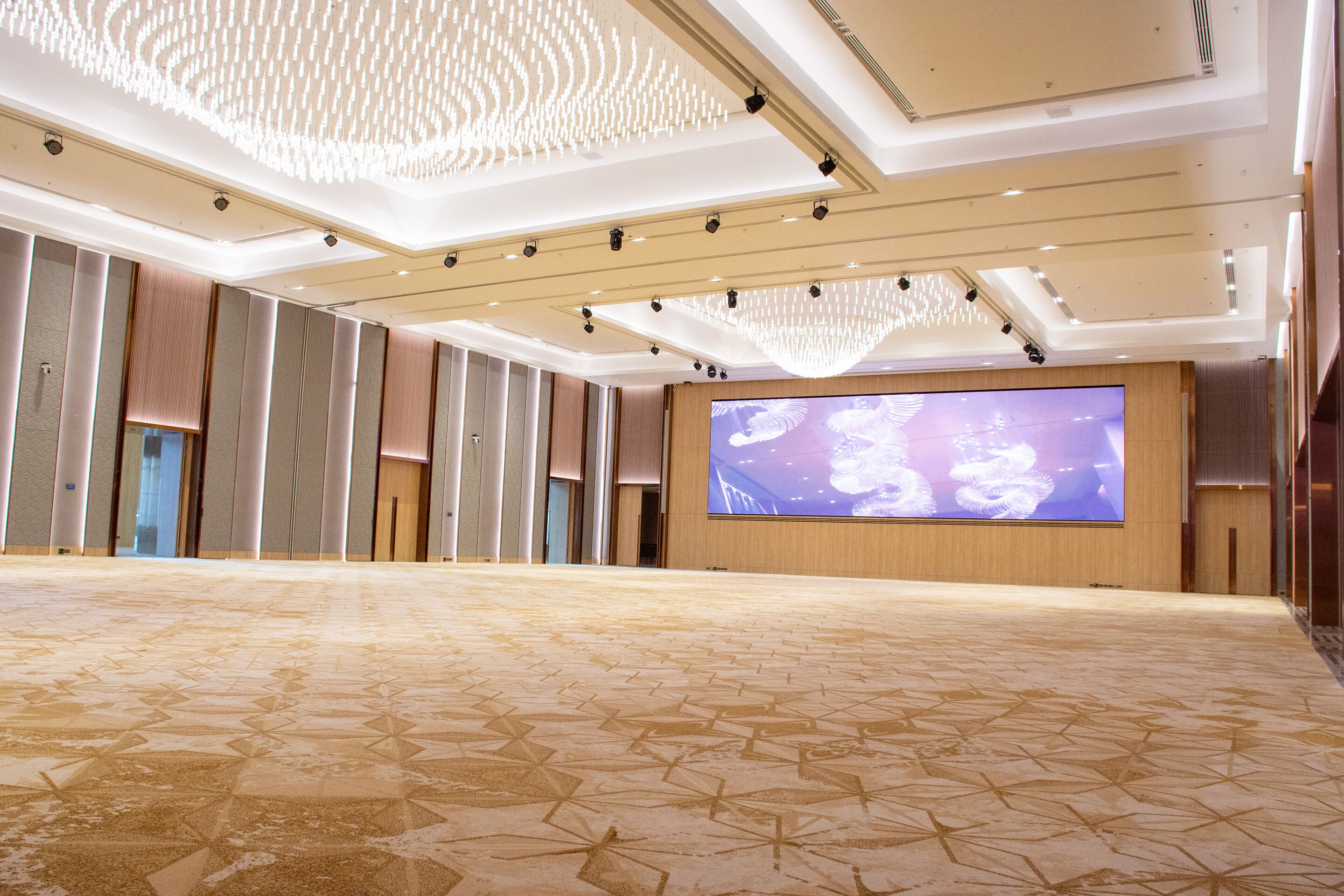 A spacious conference room with a large screen, patterned carpet, and modern ceiling design.