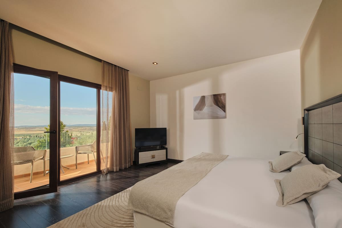 A hotel room with a large bed, a flat-screen TV, a balcony with wicker chairs, and a view of the countryside.
