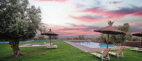 A swimming pool area with lounge chairs and thatched umbrellas, surrounded by well-maintained grass and trees.