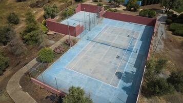 Luchtbeeld van een tennisbaan met omliggend groen en een rood gebouw.