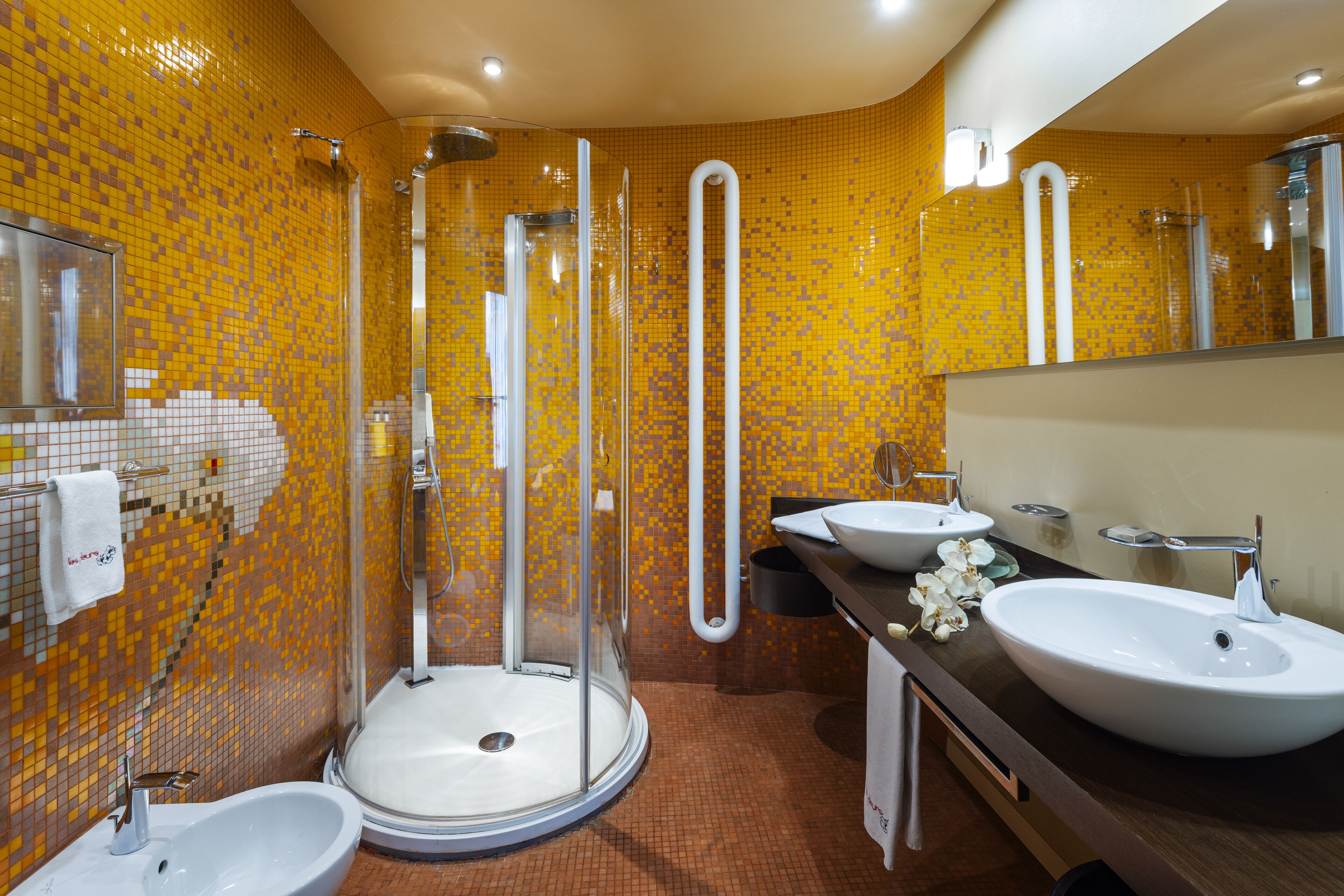 luxury room | bathroom | rainfall showerhead, designer toiletries, hair dryer, bathrobes