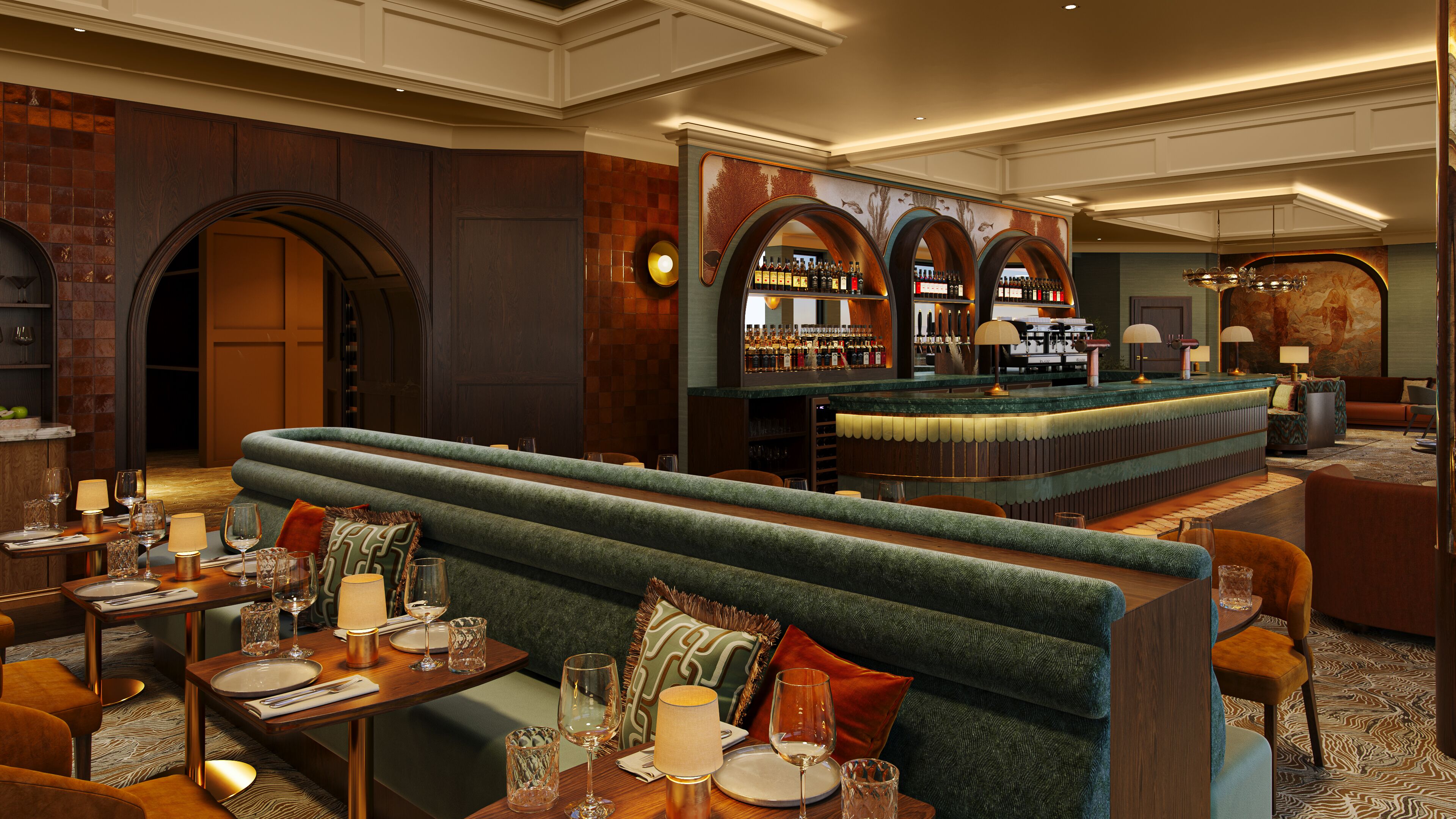 A bar area with a counter, seating, and a view of the bar.