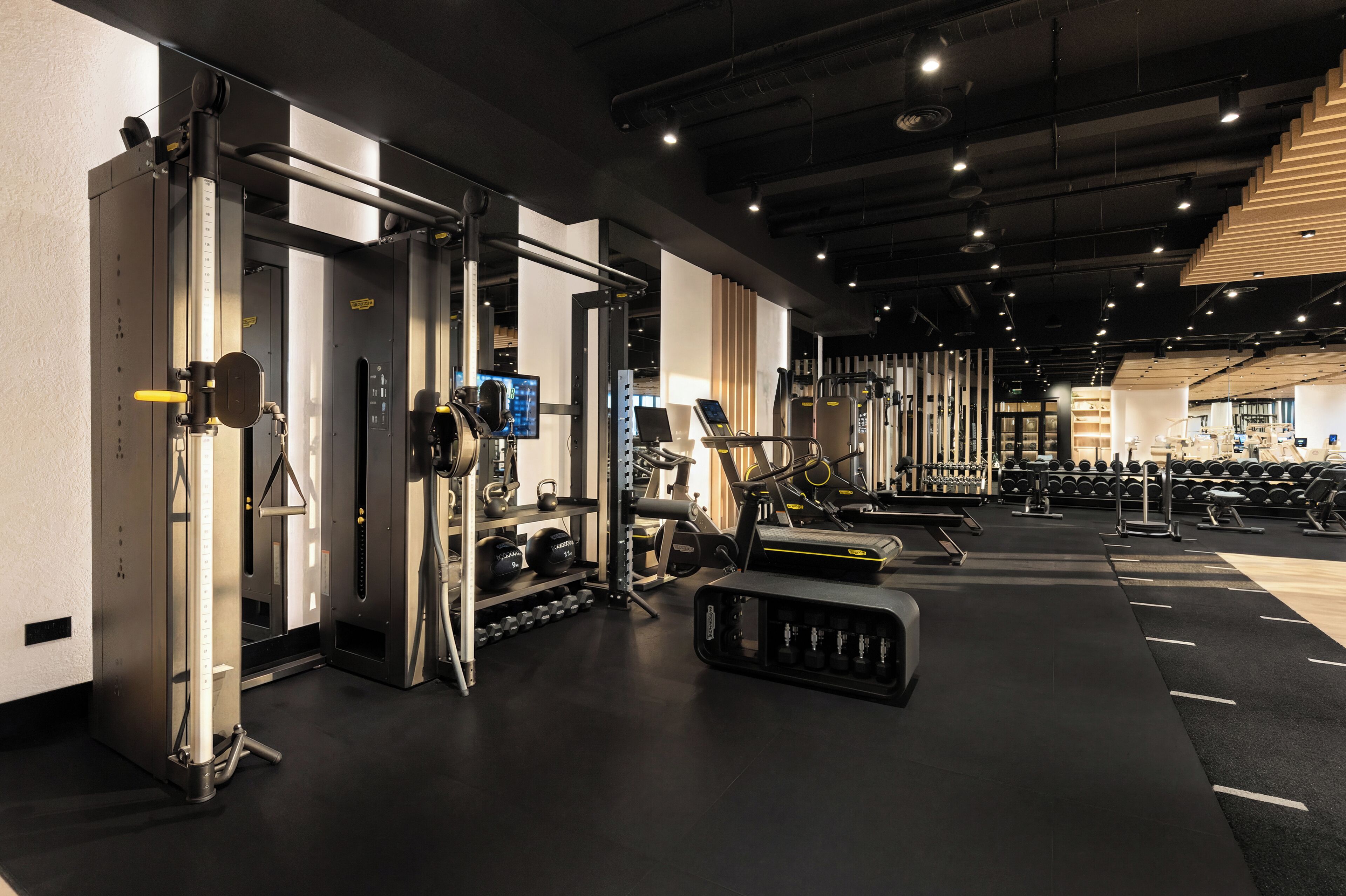 Un gimnasio moderno con varios equipos de ejercicio, incluyendo máquinas de pesas, cintas de correr y pesas libres.