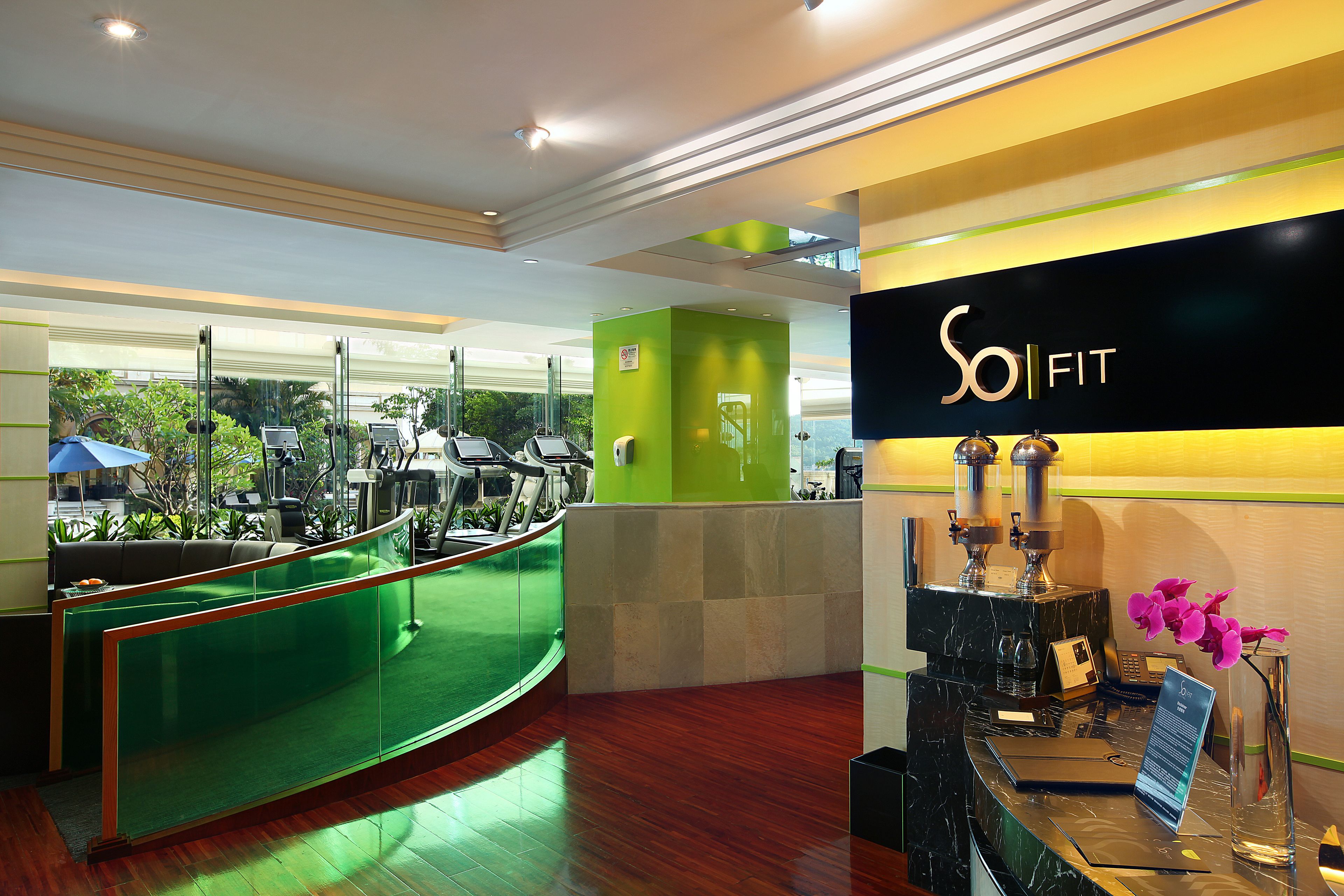 A reception area with a reception desk, a treadmill, and a green exercise area.