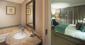 A hotel bathroom with a sink, mirror, and framed botanical artwork on the wall.