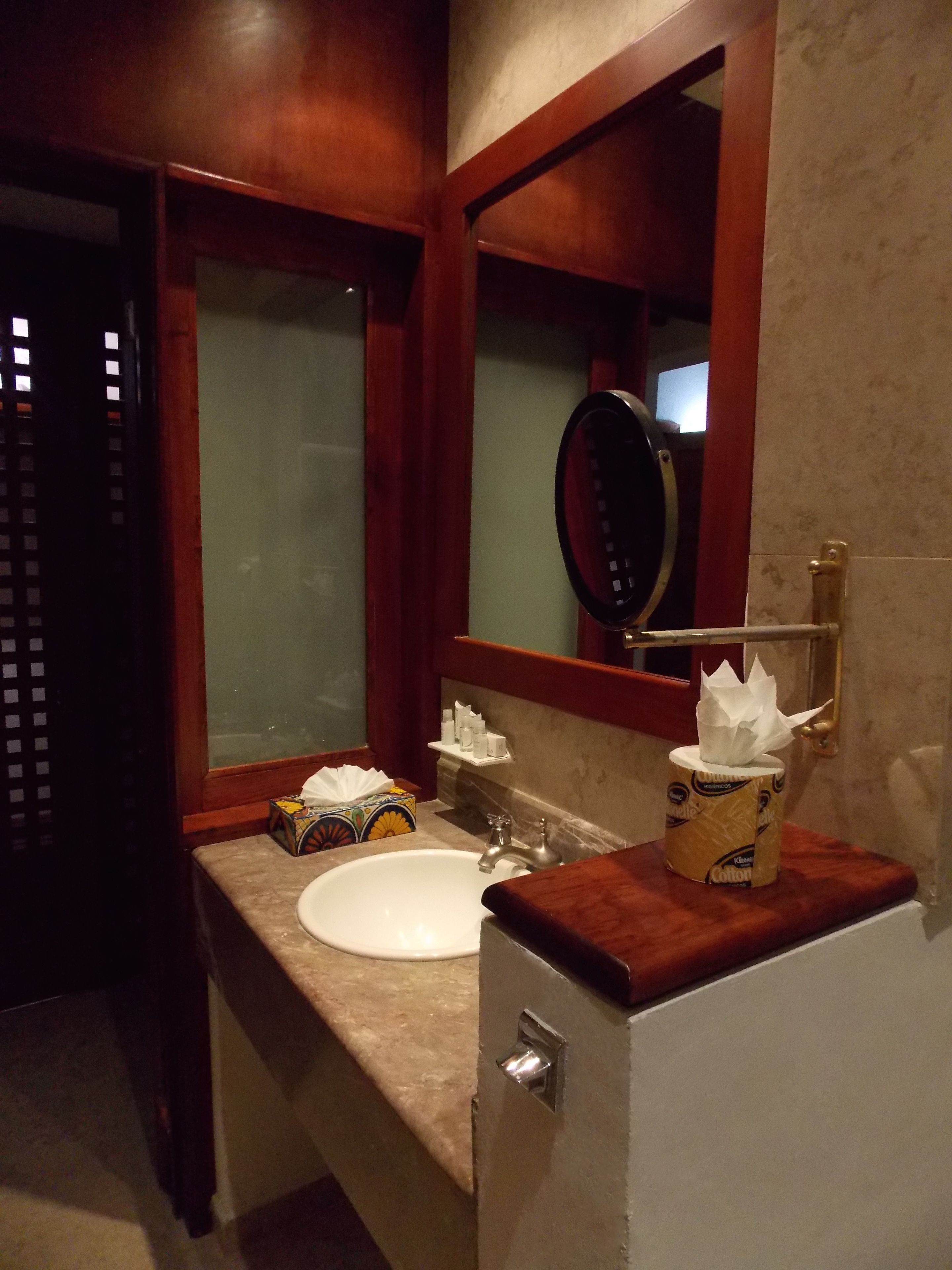 Un baño con lavamanos blanco, un espejo y una caja de pañuelos.